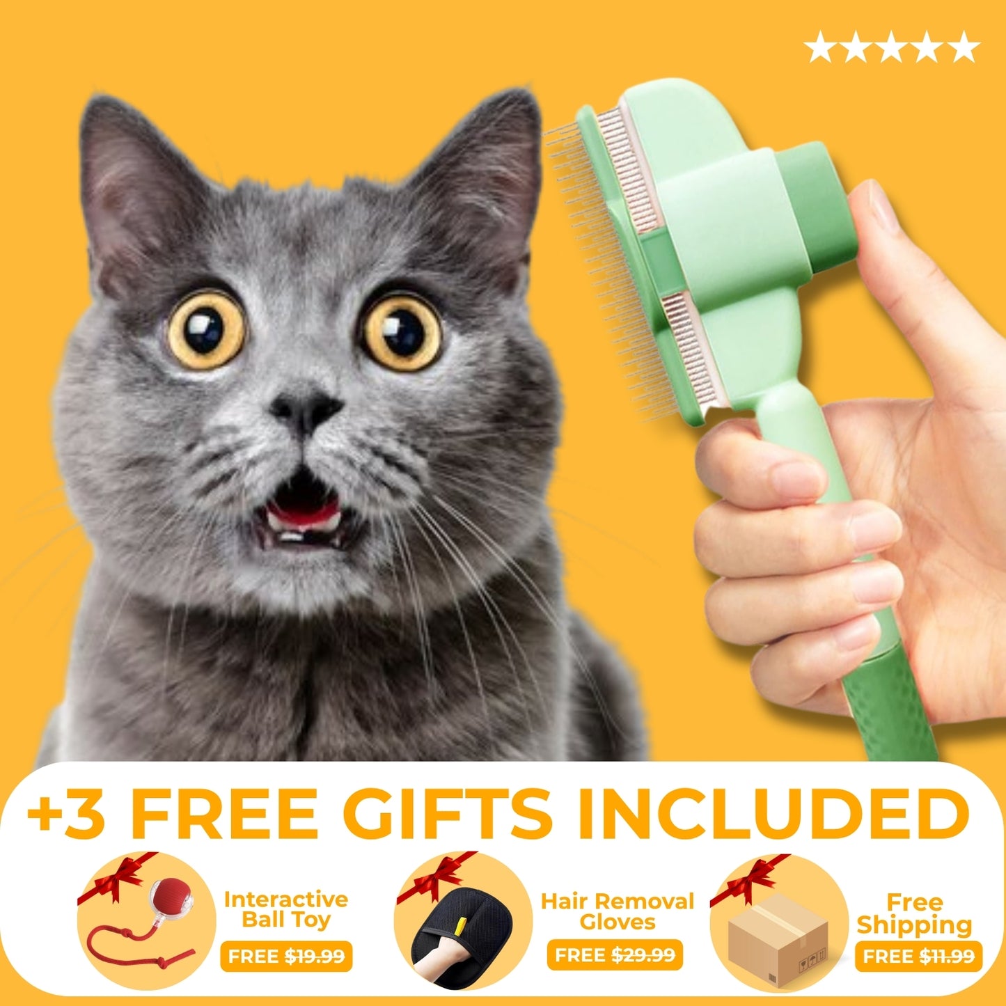Cat with wide eyes next to a green pet grooming brush, on a yellow background with promotional text.