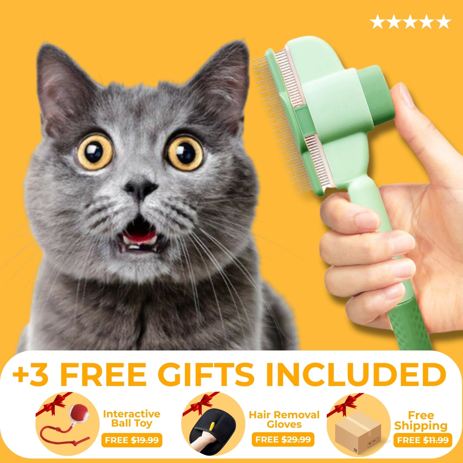 Cat with wide eyes next to a green pet grooming brush, on a yellow background with promotional text.